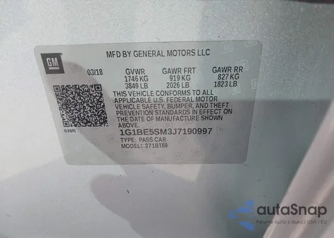 2018 Chevrolet Cruze Lt Auto из США, поврежденный, VIN 1G1BE5SM3J7190997